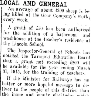 LOCAL AND GENERAL. (Taranaki Daily News 26-3-1914)