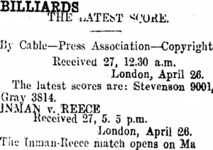 BILLIARDS. (Taranaki Daily News 27-4-1914)