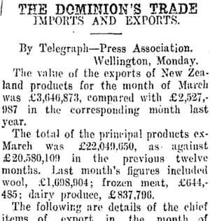 THE DOMINION'S TRADE. (Taranaki Daily News 29-4-1914)