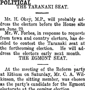 POLITICAL. (Taranaki Daily News 15-6-1914)