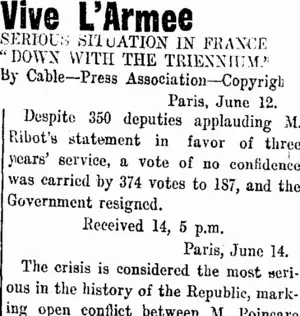 Vive L'Armee (Taranaki Daily News 15-6-1914)
