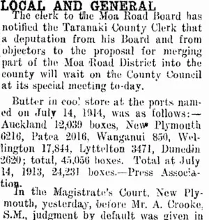 LOCAL AND GENERAL. (Taranaki Daily News 15-7-1914)