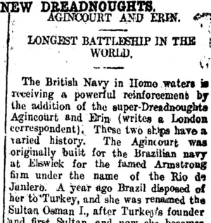 NEW DREADNOUGHTS. (Taranaki Daily News 8-10-1914)