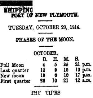 SHIPPING. (Taranaki Daily News 20-10-1914)