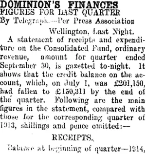 DOMINION'S FINANCES. (Taranaki Daily News 6-11-1914)