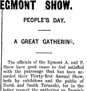 EGMONT SHOW. (Taranaki Daily News 27-11-1914)