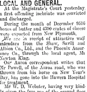 LOCAL AND GENERAL. (Taranaki Daily News 5-1-1915)