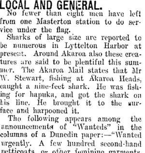 LOCAL AND GENERAL. (Taranaki Daily News 8-1-1915)
