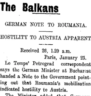 The Balkans (Taranaki Daily News 26-1-1915)