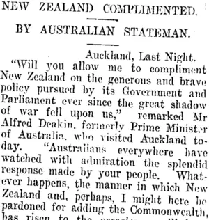 NEW ZEALAND COMPLIMENTED. (Taranaki Daily News 26-1-1915)