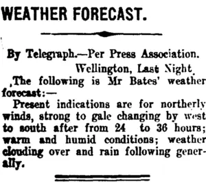 WEATHER FORECAST. (Taranaki Daily News 21-1-1915)