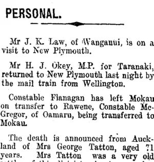 PERSONAL. (Taranaki Daily News 21-1-1915)