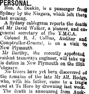 PERSONAL. (Taranaki Daily News 22-1-1915)