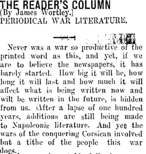 THE READER'S COLUMN. (Taranaki Daily News 22-1-1915)
