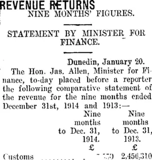 REVENUE RETURNS. (Taranaki Daily News 23-1-1915)