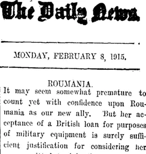 The Daily News. MONDAY, FEBRUARY 8, 1915. ROUMANIA. (Taranaki Daily News 8-2-1915)