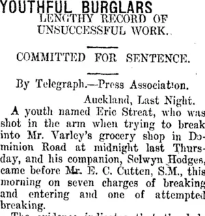 YOUTHFUL BURGLARS. (Taranaki Daily News 19-3-1915)