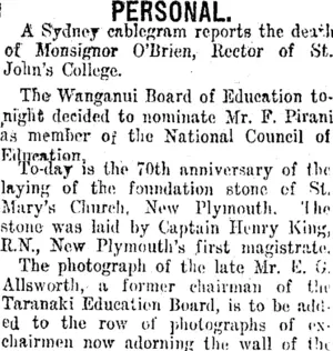 PERSONAL. (Taranaki Daily News 25-3-1915)