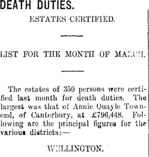 DEATH DUTIES. (Taranaki Daily News 10-4-1915)