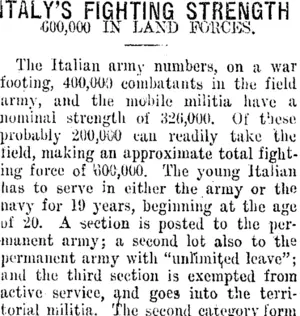 ITALY'S FIGHTING STRENGTH. (Taranaki Daily News 26-4-1915)