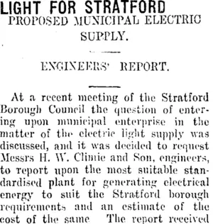 LIGHT FOR STRATFORD. (Taranaki Daily News 15-5-1915)