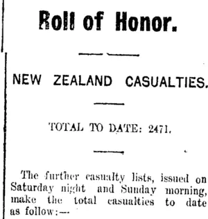 Roll of Honor. (Taranaki Daily News 15-6-1915)