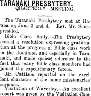 TARANAKI PRESBYTERY. (Taranaki Daily News 10-6-1915)