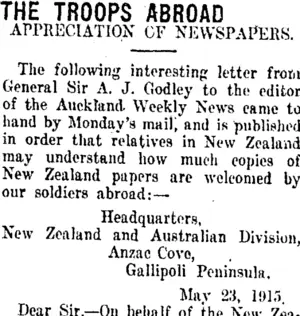 THE TROOPS ABROAD. (Taranaki Daily News 15-7-1915)