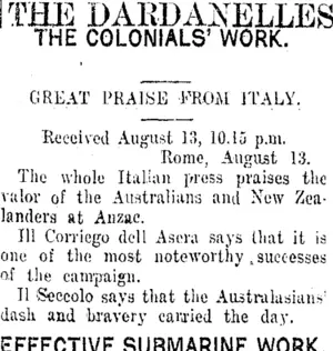 THE DARDANELLES (Taranaki Daily News 14-8-1915)