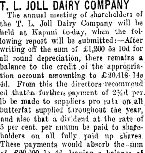 T. L JOLL DAIRY COMPANY. (Taranaki Daily News 25-8-1915)