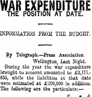 WAR EXPENDITURE (Taranaki Daily News 27-8-1915)