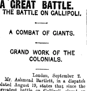 A GREAT BATTLE. (Taranaki Daily News 4-9-1915)