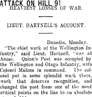 ATTACK ON HILL 91. (Taranaki Daily News 4-11-1915)