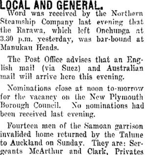 LOCAL AND GENERAL. (Taranaki Daily News 9-11-1915)
