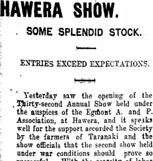 HAWERA SHOW. (Taranaki Daily News 25-11-1915)