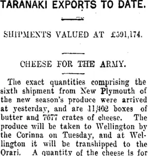 TARANAKI EXPORTS TO DATE. (Taranaki Daily News 27-11-1915)