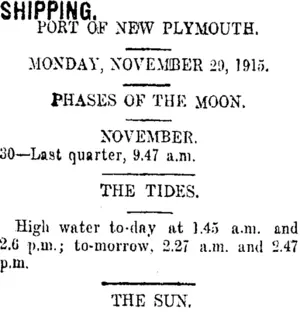 SHIPPING. (Taranaki Daily News 29-11-1915)
