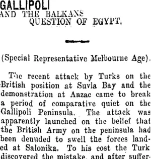 GALLIPOLI. (Taranaki Daily News 30-12-1915)