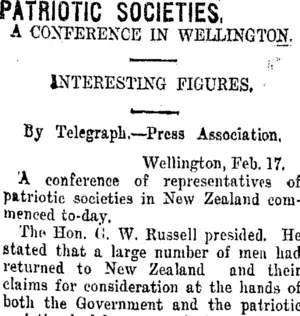 PATRIOTIC SOCIETIES. (Taranaki Daily News 18-2-1916)