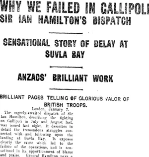 WHY WE FAILED IN GALLIPOLI (Taranaki Daily News 9-3-1916)