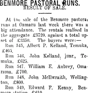 BENMORE PASTORAL RUNS. (Taranaki Daily News 24-3-1916)