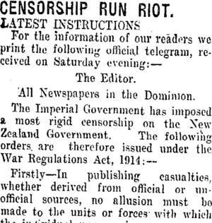 CENSORSHIP RUN RIOT. (Taranaki Daily News 4-4-1916)