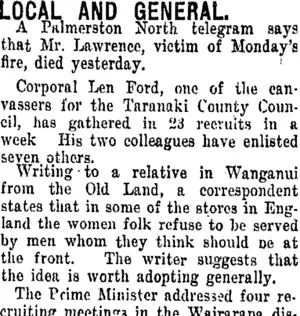 LOCAL AND GENERAL. (Taranaki Daily News 5-4-1916)