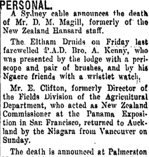 PERSONAL. (Taranaki Daily News 5-4-1916)