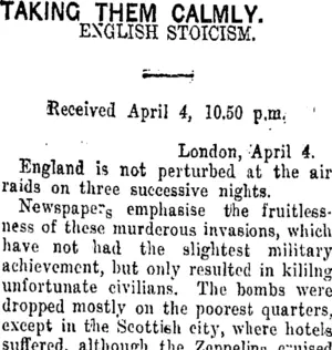 TAKING THEM CALMLY. (Taranaki Daily News 5-4-1916)