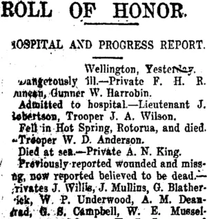 ROLL OF HONOR. (Taranaki Daily News 5-4-1916)