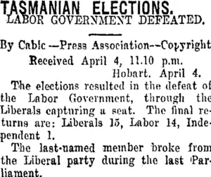 TASMANIAN ELECTIONS. (Taranaki Daily News 5-4-1916)