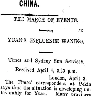 CHINA. (Taranaki Daily News 5-4-1916)