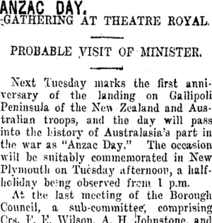 ANZAC DAY. (Taranaki Daily News 18-4-1916)