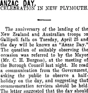 ANZAC DAY. (Taranaki Daily News 11-4-1916)